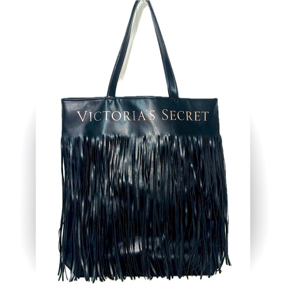 Victoria’s Secret Black 2018 Limited Edition Faux Leather Fringe Tote Bag, NWOT - Picture 1 of 5